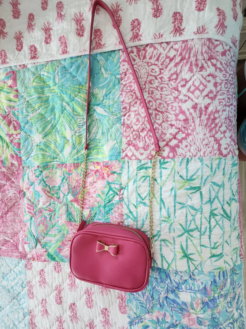 Hot Pink Crossbody Camera Bag with Gold Bow Accent